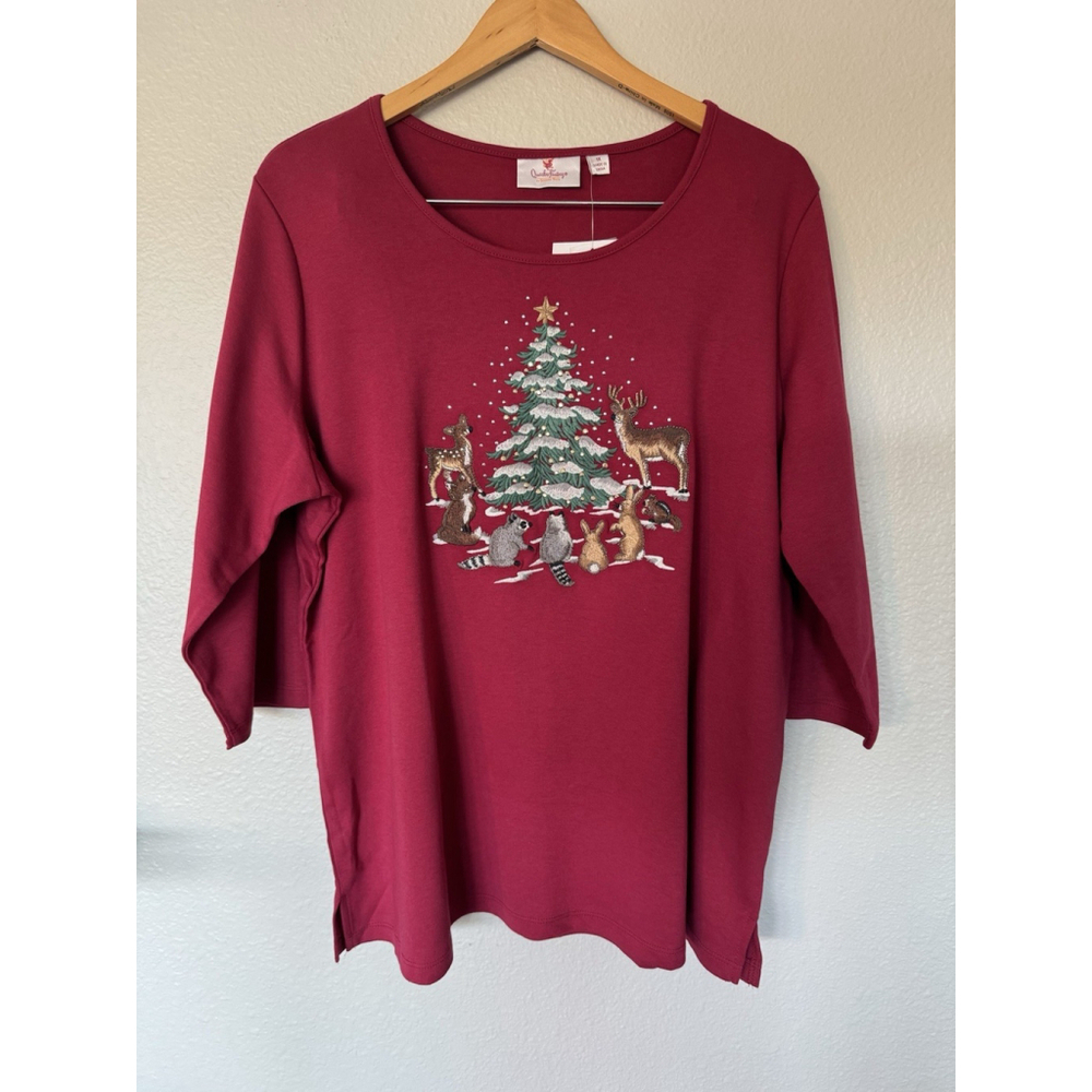 Quacker Factory - Holiday Forrest Animal Embroider 3/4 Sleeve Crew Neck Top - Picture 2 of 7